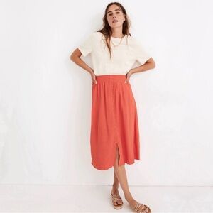 Madewell Smocked Waist Button Front Pocket Midi Skirt Coral Size XXS